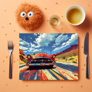 raxxa Premium-Tischset: Roter Oldtimer auf Route 66