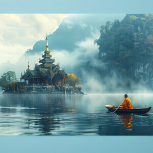 raxxa Premium-Tischset: Insel des Geistes - buddhistischer Mönch im Boot