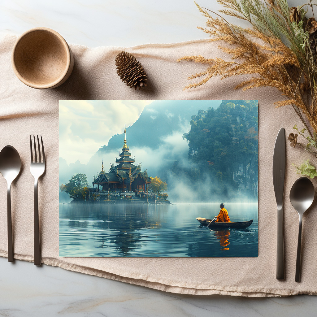 raxxa Premium-Tischset: Insel des Geistes - buddhistischer Mönch im Boot - Imagen 2