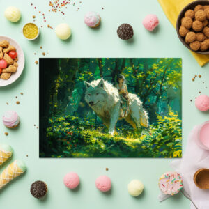 raxxa Premium-Tischset: Waldreiterin und der weiße Wolf - Anime Stil