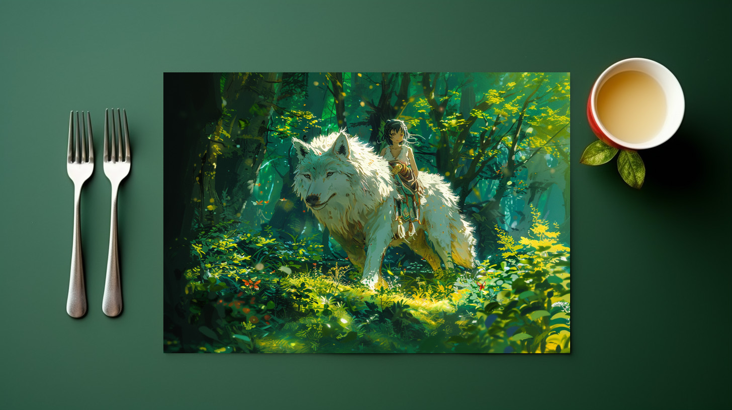 raxxa Premium-Tischset: Waldreiterin und der weiße Wolf - Anime Stil – Bild 3