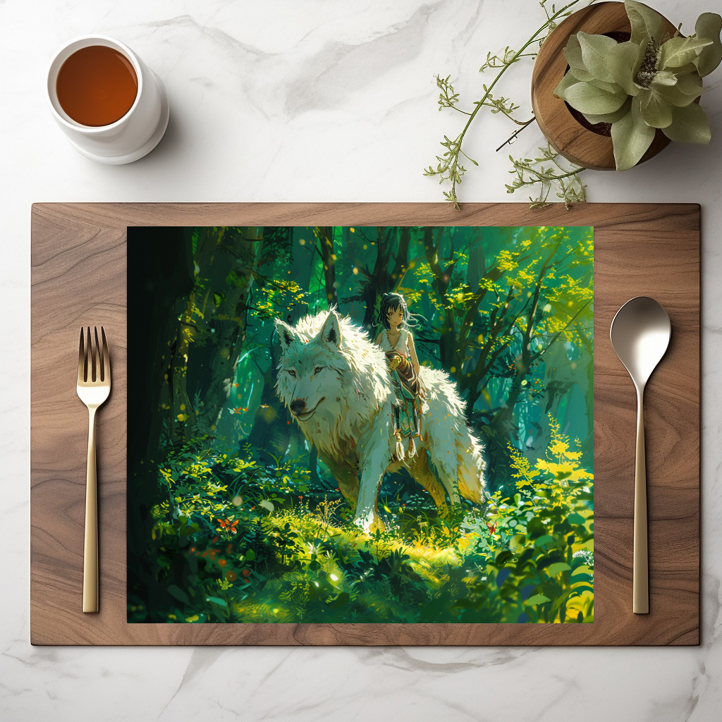 raxxa Premium-Tischset: Waldreiterin und der weiße Wolf - Anime Stil – Bild 2