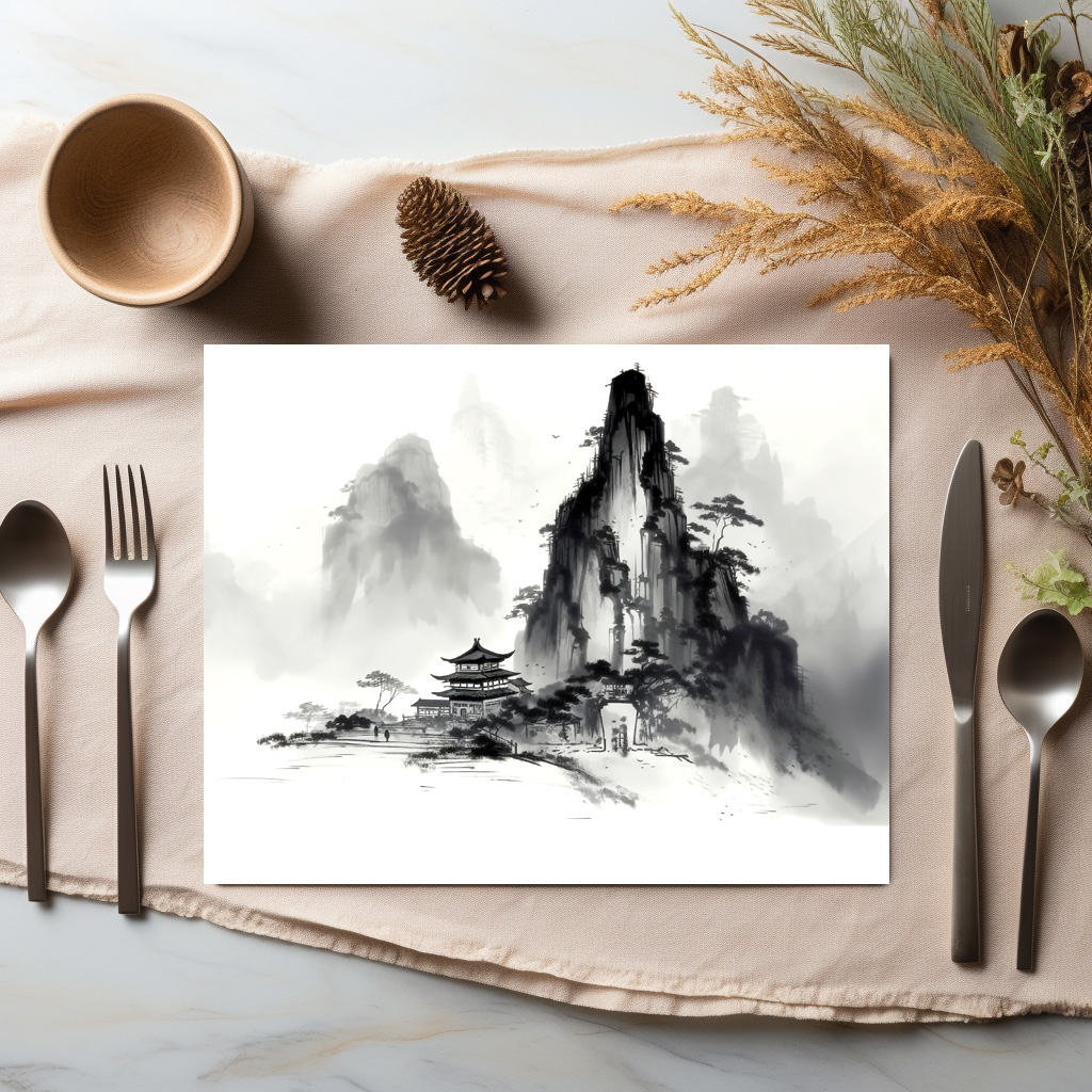 raxxa Premium-Tischset: Kleiner Tempel am Berg - Tuschezeichnung - immagine 2