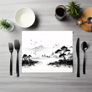 raxxa Premium-Tischset: Landschaft mit Vögeln - japanische Tuschezeichnung