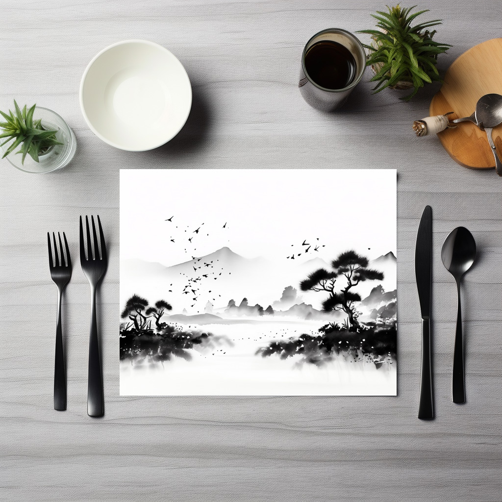 raxxa Premium-Tischset: Landschaft mit Vögeln - japanische Tuschezeichnung