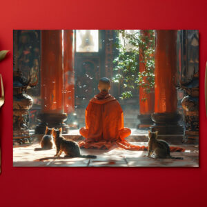 raxxa Premium-Tischset: Buddhistischer Mönch in Meditation mit Katzen