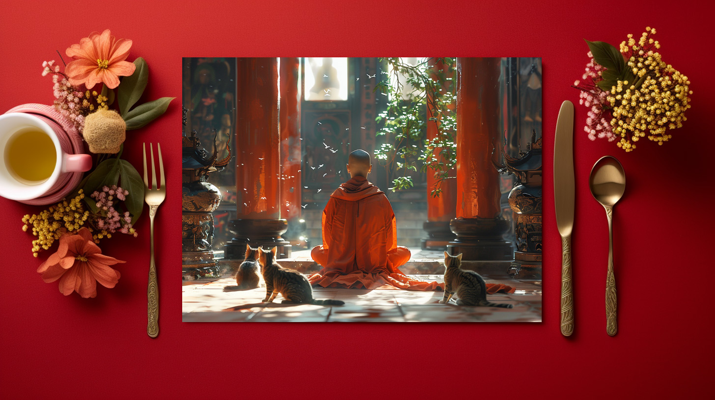 raxxa Premium-Tischset: Buddhistischer Mönch in Meditation mit Katzen
