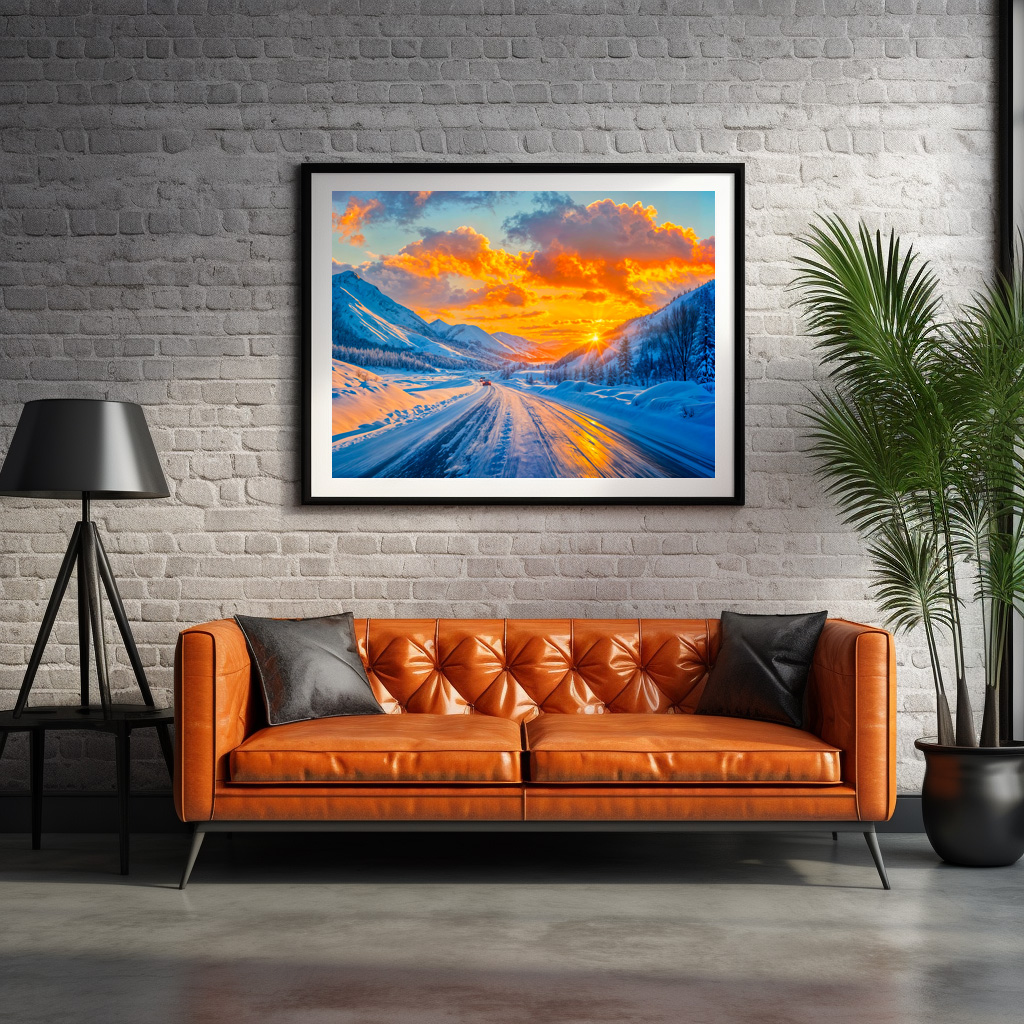 Poster: Roads at Sunset in Winter Through Mountains