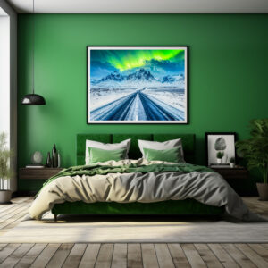 Poster: Road with Mountains and Northern Lights at Night