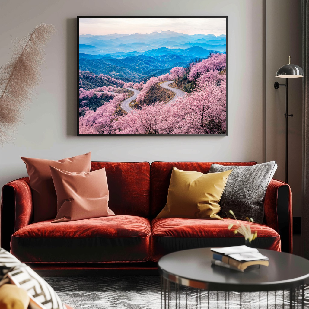 Poster: Roads Through Mountain Landscape with Blooming Cherry Trees