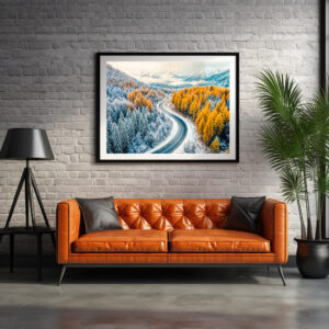 Poster: Winter Roads Through Mountain Forest with Orange Larches