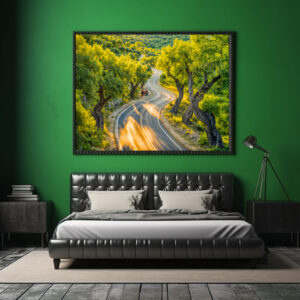 Poster: Olive Grove with Old Tractor at Evening Road