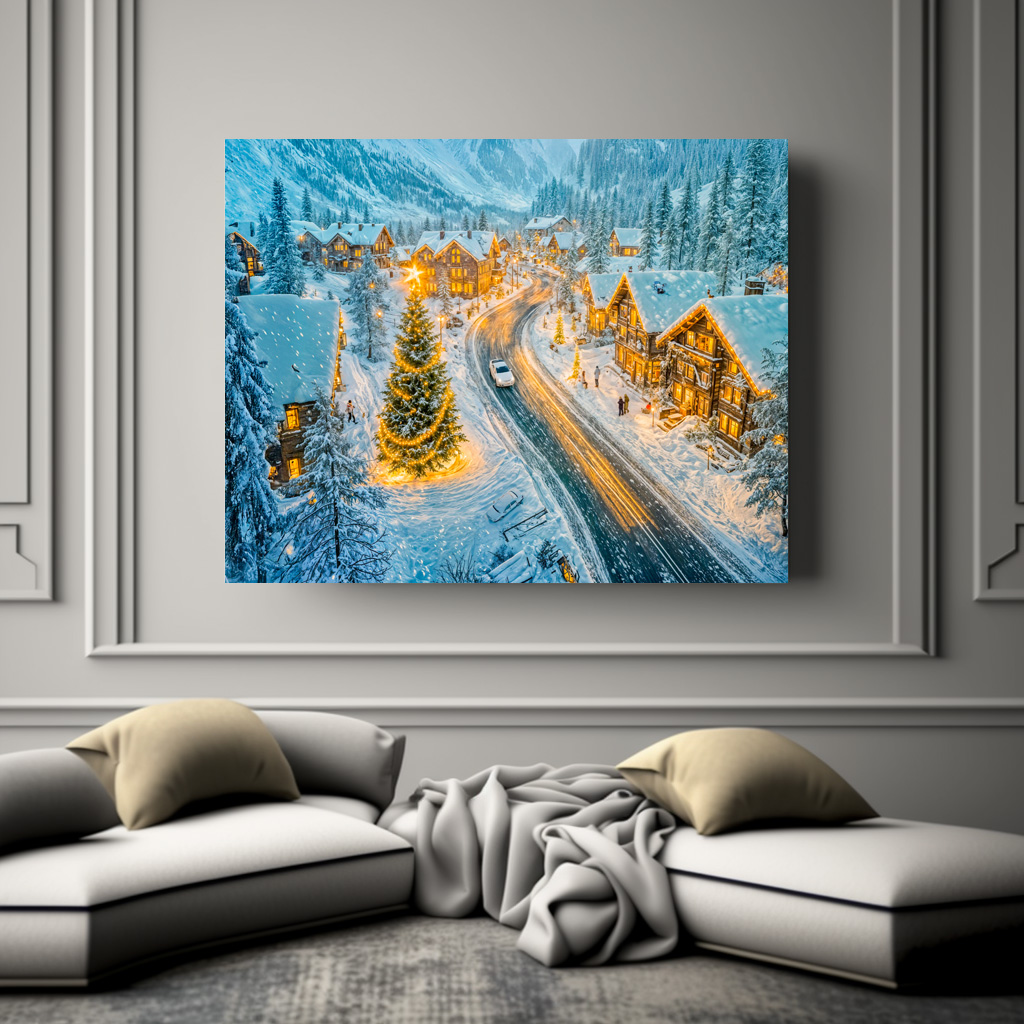 Poster: Winter Mountain Village with Christmas Decorations