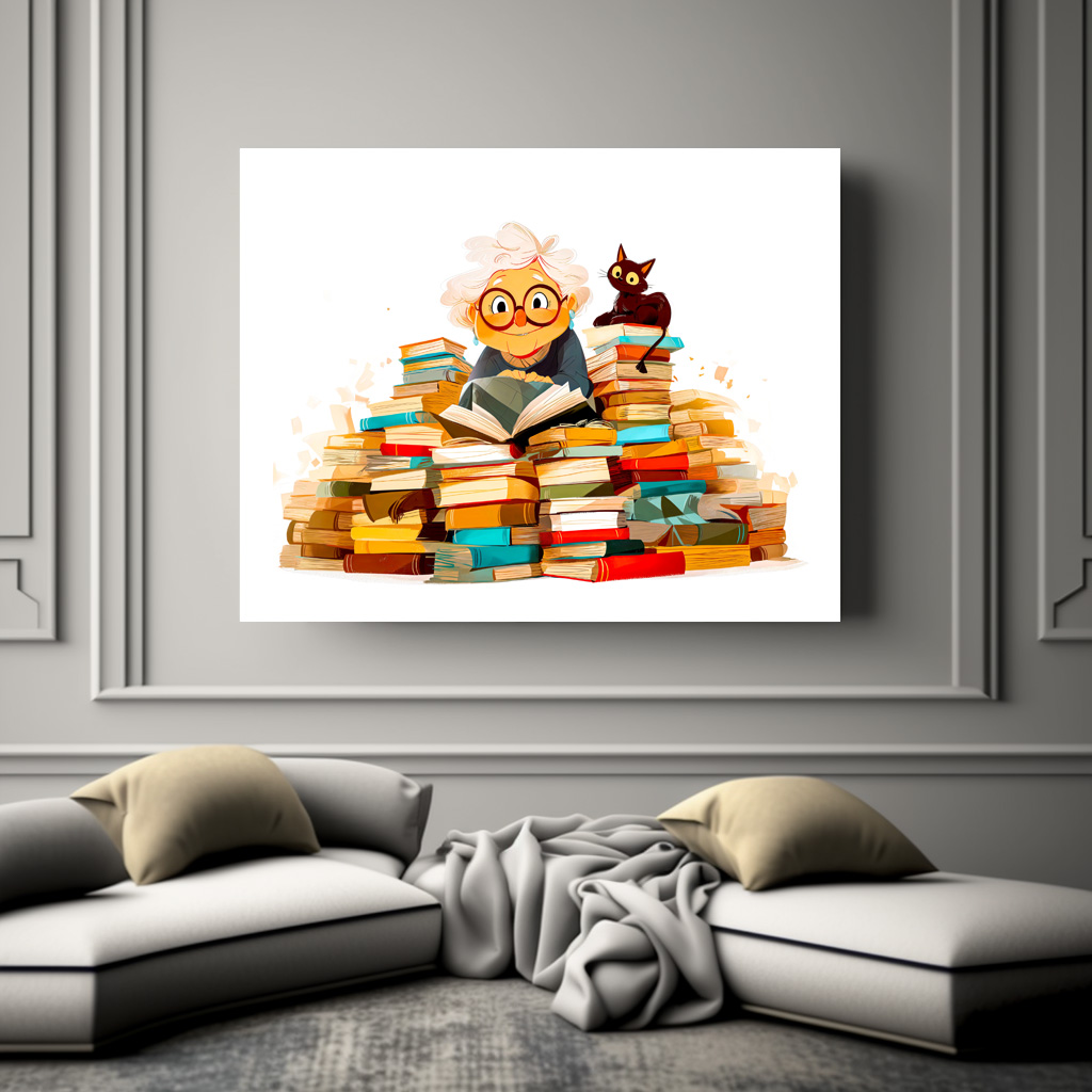 Poster: Senior woman reading in books with cheerful expressions – Image 3