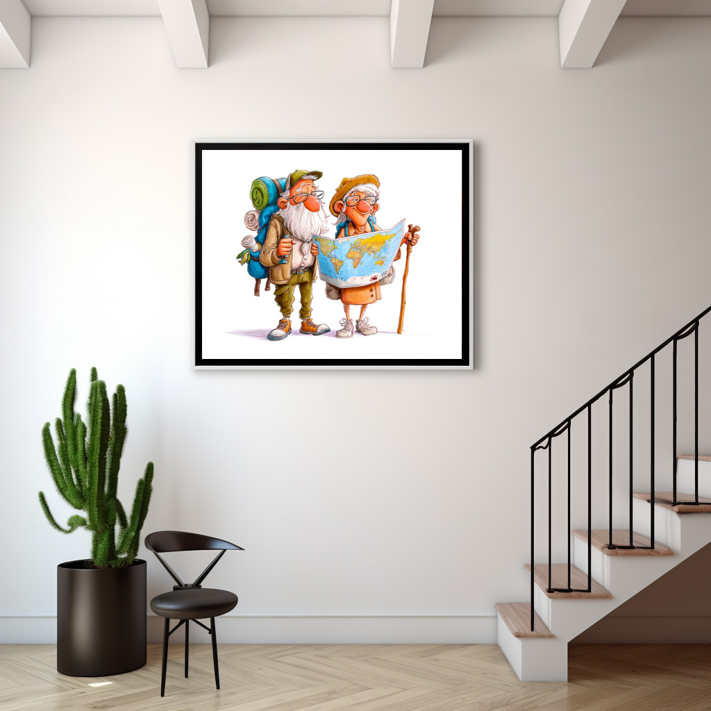 Poster: Elderly couple hiking with backpacks and walking sticks - Image 2
