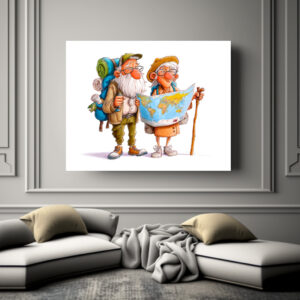 Poster: Elderly couple hiking with backpacks and walking sticks