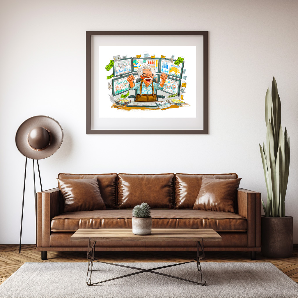 Poster: Elderly man celebrating stock market success joyfully