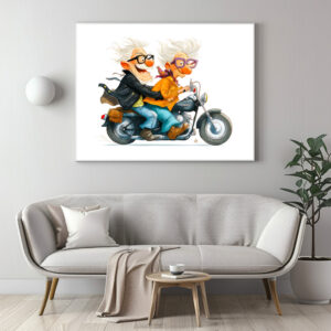 Poster: Funny illustration of seniors riding motorcycle
