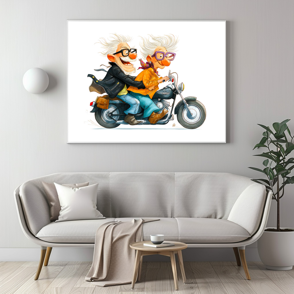 Poster: Funny illustration of seniors riding motorcycle