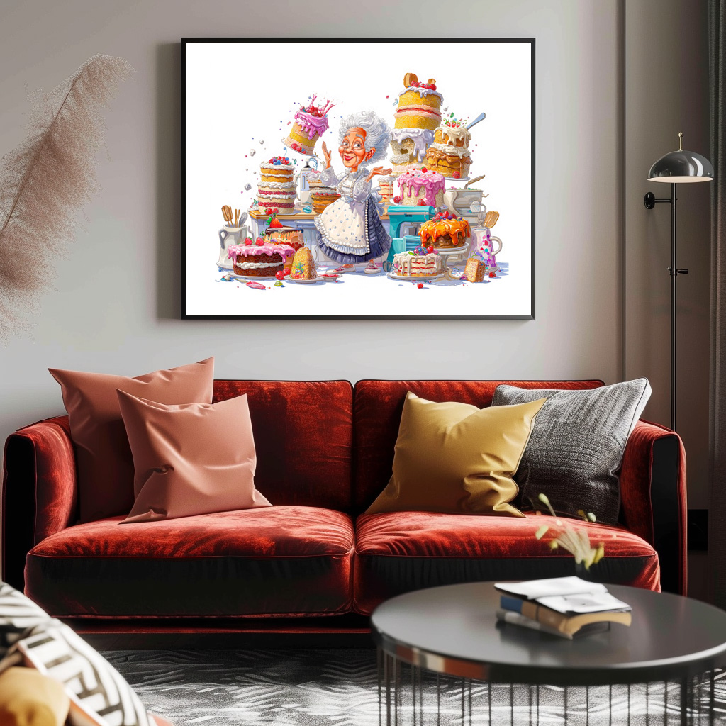 Poster: Funny illustration of grandma baking cakes