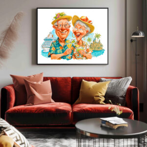 Poster: Elderly couple enjoying cocktails at tropical beach happily