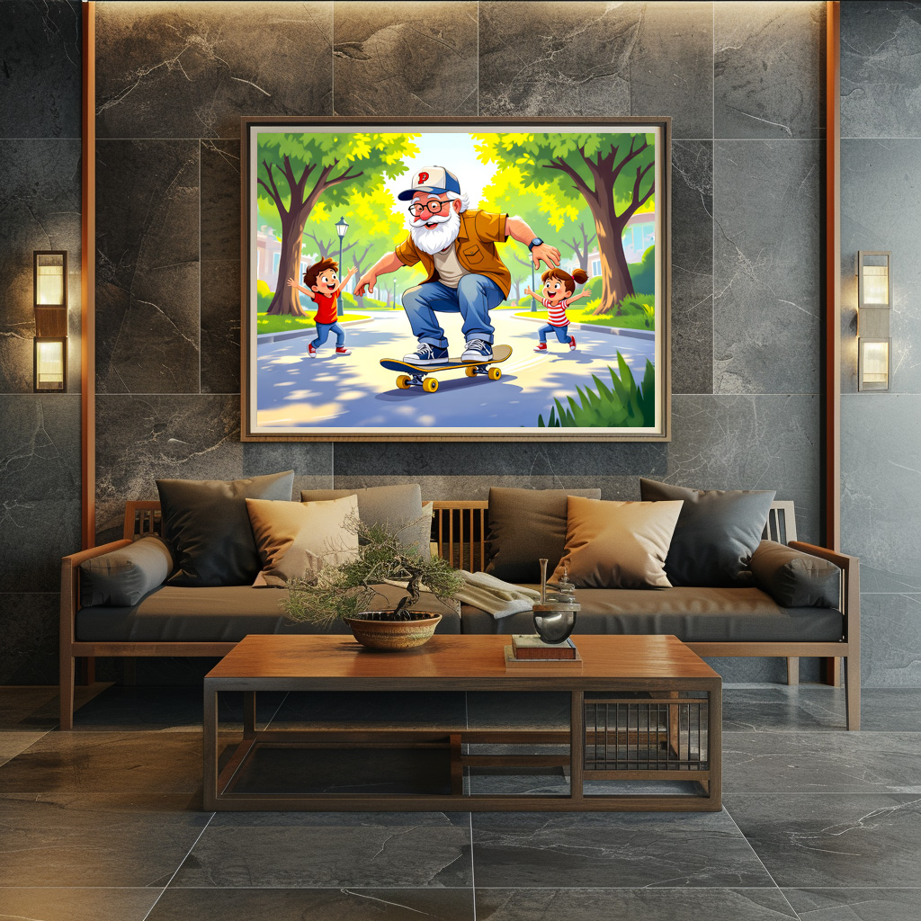 Poster: Grandpa practicing skateboarding with grandson watching - immagine 2