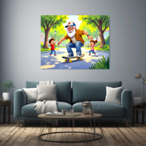 Poster: Grandpa practicing skateboarding with grandson watching