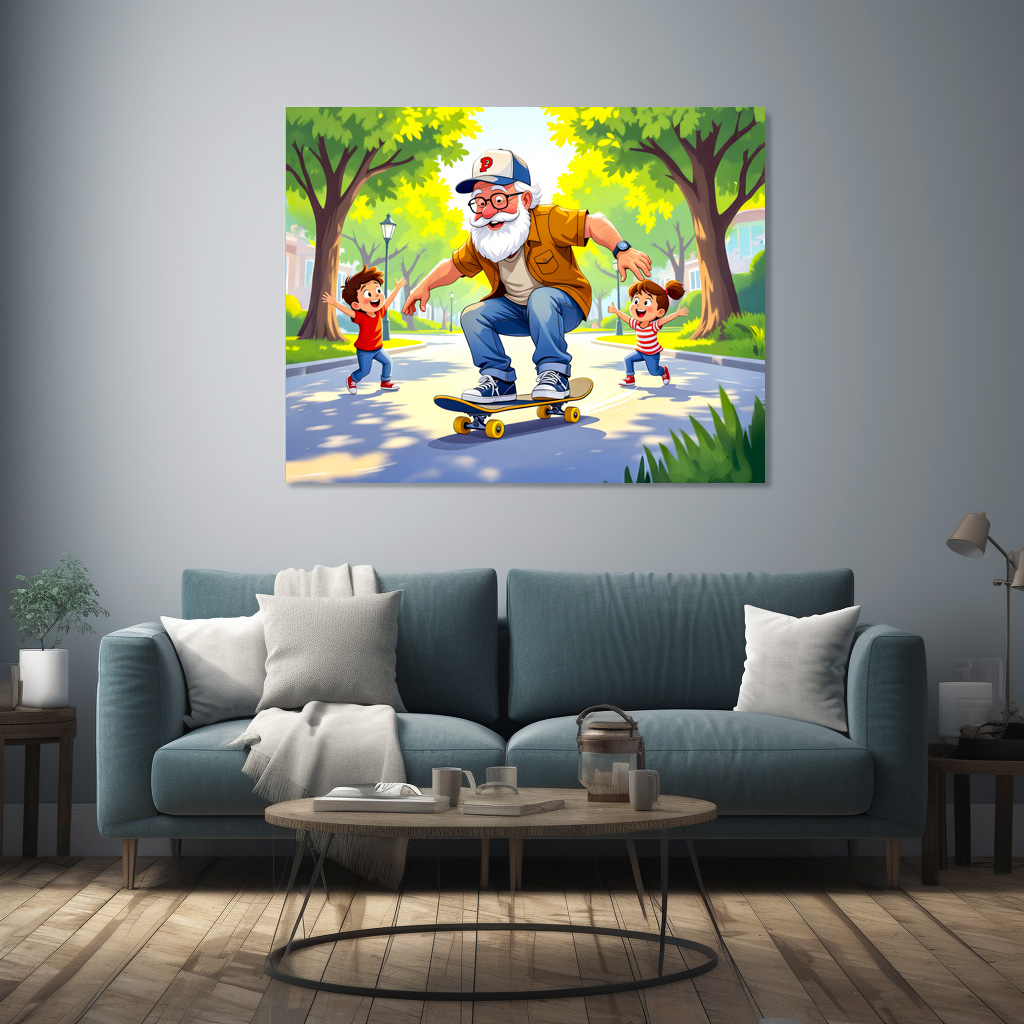 Poster: Grandpa practicing skateboarding with grandson watching