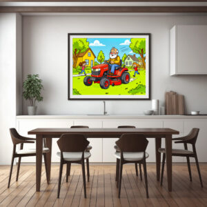 Poster: Grandpa mowing the lawn on a ride-on tractor