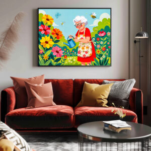 Poster: Grandmother Watering Garden Illustration