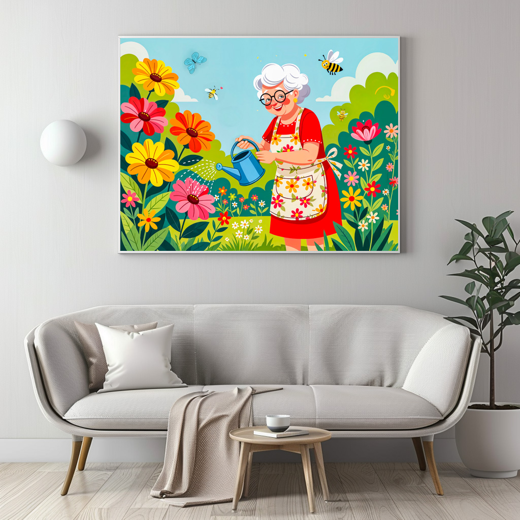 Poster: Grandmother Watering Garden Illustration - immagine 2