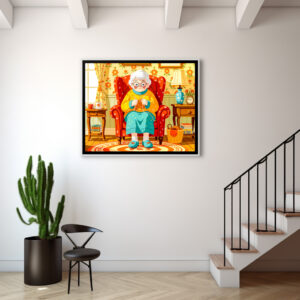 Poster: Grandmother knitting in Armchair – Illustration