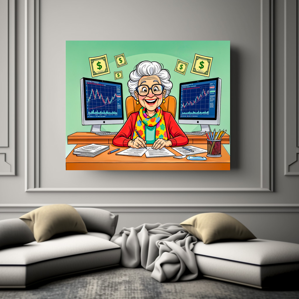Poster: Grandmother Stock Trading Illustration