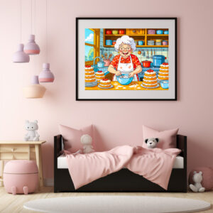 Poster: Grandmother Cooking Pancakes Illustration