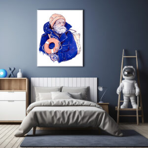 Poster: Sailor Holding Lifebuoy Wearing Orange Knit Cap