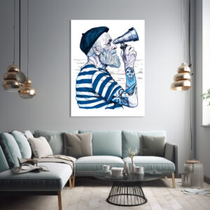 Poster: Sailor Looking Through Telescope Toward Distant Horizon