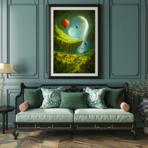 Poster: Tunnel-Tal mit Heißluftballons und Wasserfall