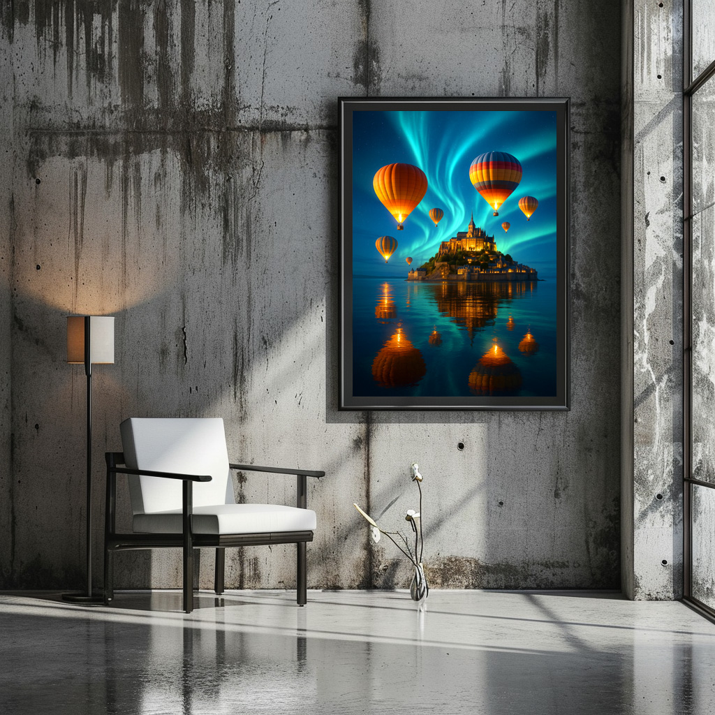 Poster: Leuchtende Ballons und Polarlichter über einer Burg im Wasser - immagine 2