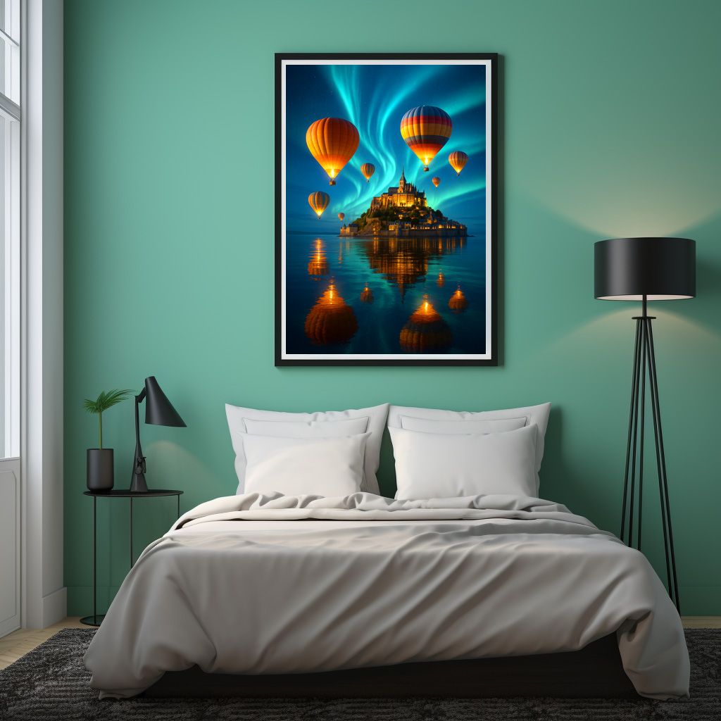Poster: Leuchtende Ballons und Polarlichter über einer Burg im Wasser - immagine 3