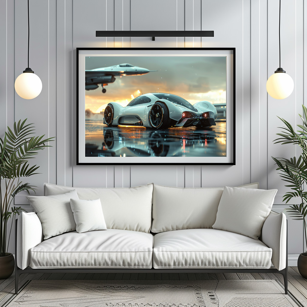 Poster: Weißes Zukunftsauto mit Jet im Hintergrund - Aerodynamik trifft Luxus – Bild 2