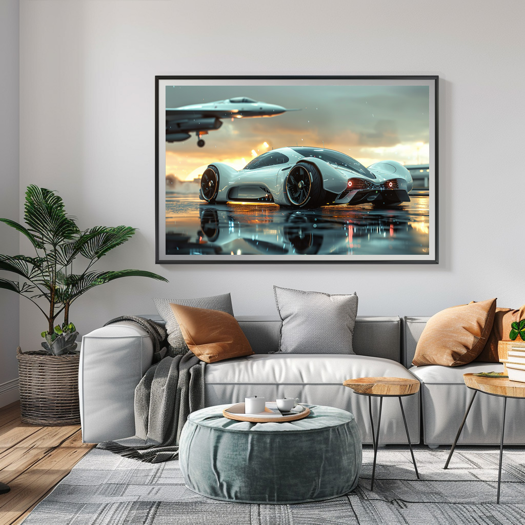 Poster: Weißes Zukunftsauto mit Jet im Hintergrund - Aerodynamik trifft Luxus
