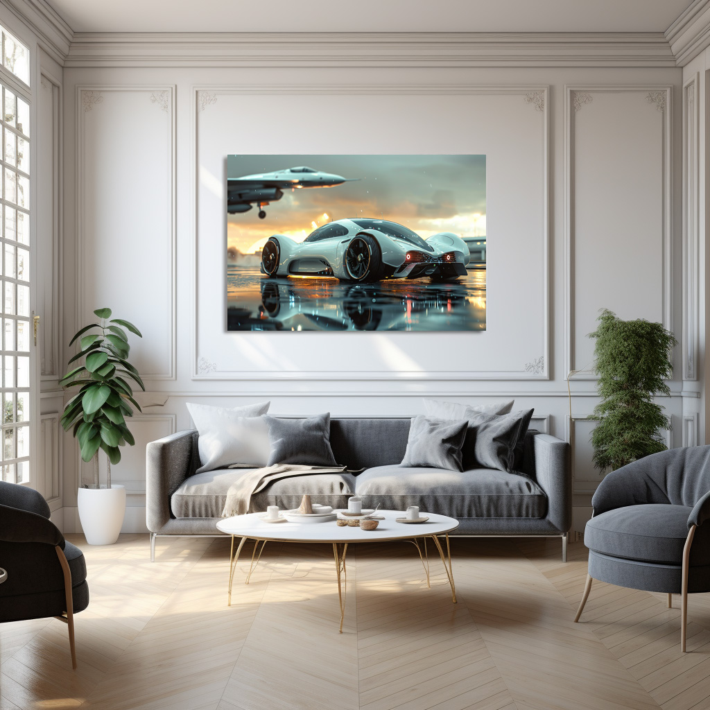 Poster: Weißes Zukunftsauto mit Jet im Hintergrund - Aerodynamik trifft Luxus – Bild 3
