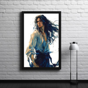 Poster: Charakterporträt im Anime Stil – junger Mann mit wehendem Haar