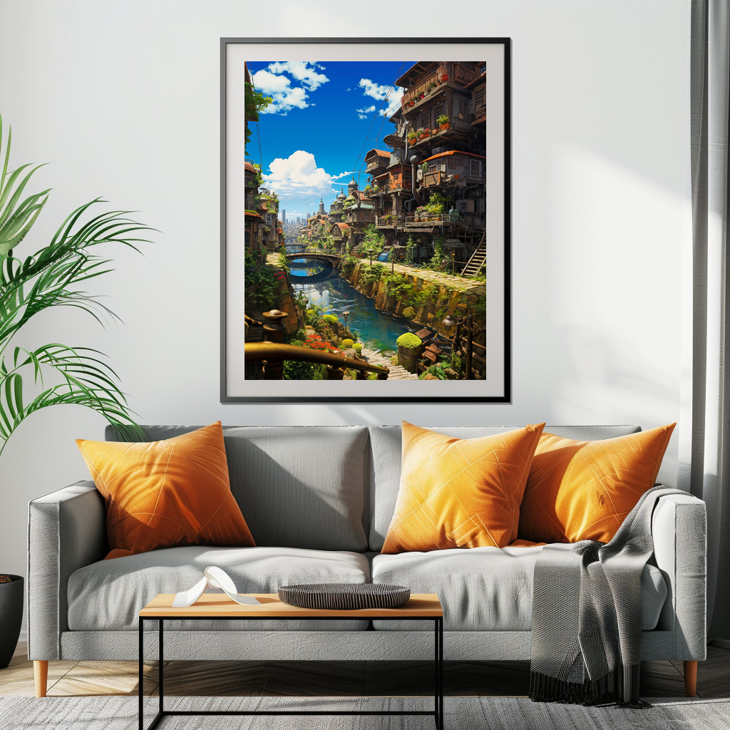 Poster: Verwunschene Gasse am Wasserkanal - Anime Steampunk