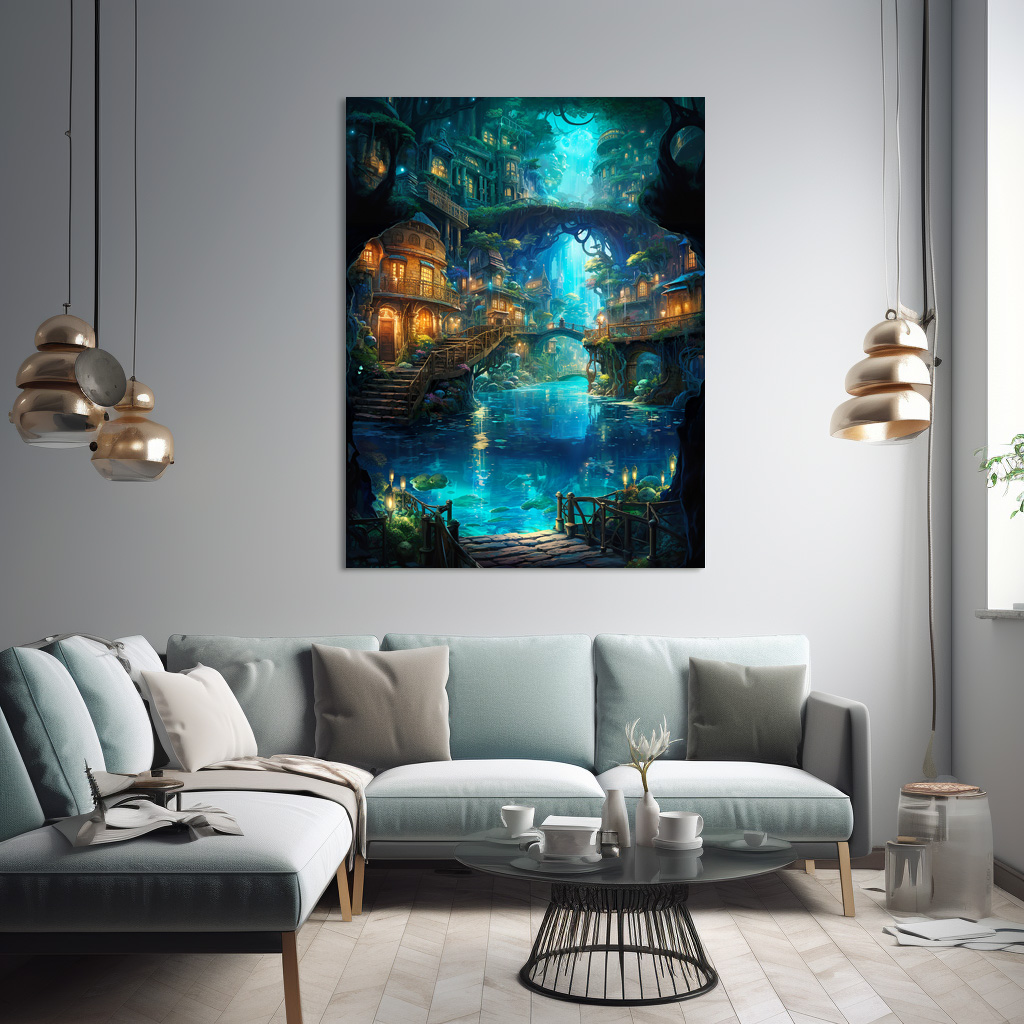 Poster: Leuchtende Wasserstadt im Verborgenen Wald - Anime Stil