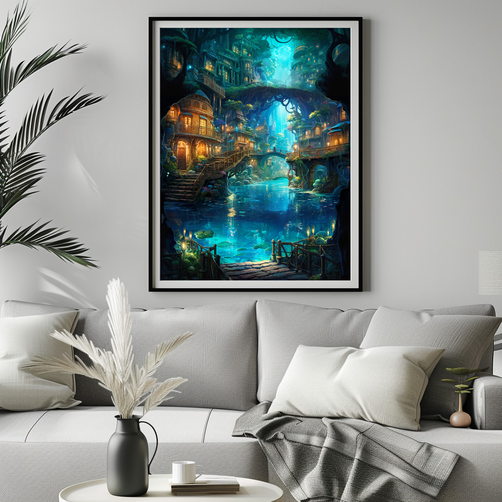 Poster: Leuchtende Wasserstadt im Verborgenen Wald - Anime Stil - immagine 2