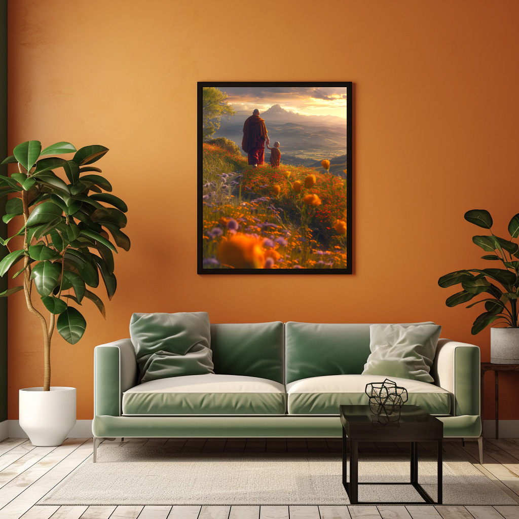 Poster: Zwei buddhistische Mönche bei Sonnenuntergang