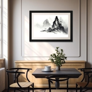 Poster: Kleiner Tempel am Berg - Tuschezeichnung