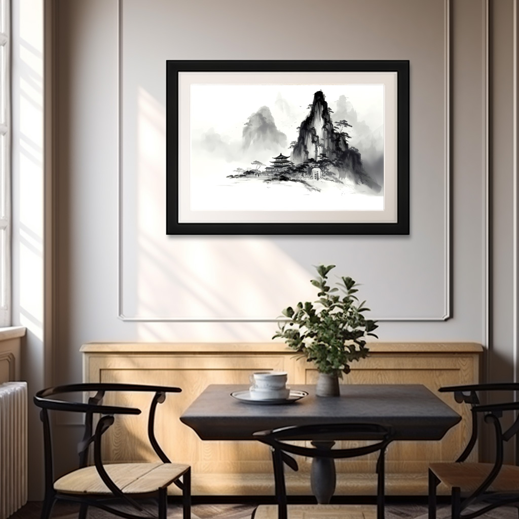 Poster: Kleiner Tempel am Berg - Tuschezeichnung