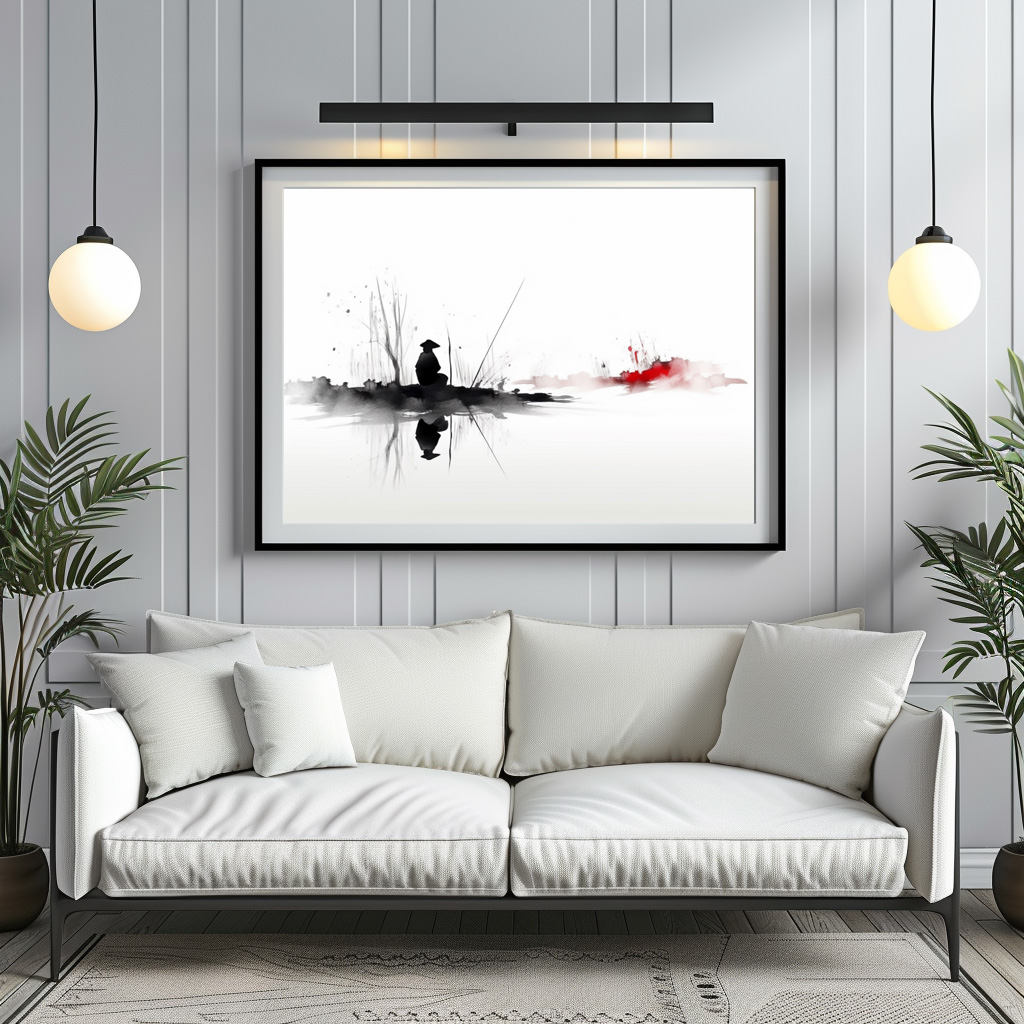 Poster: Angler am Wasser - japanische Tuschezeichnung